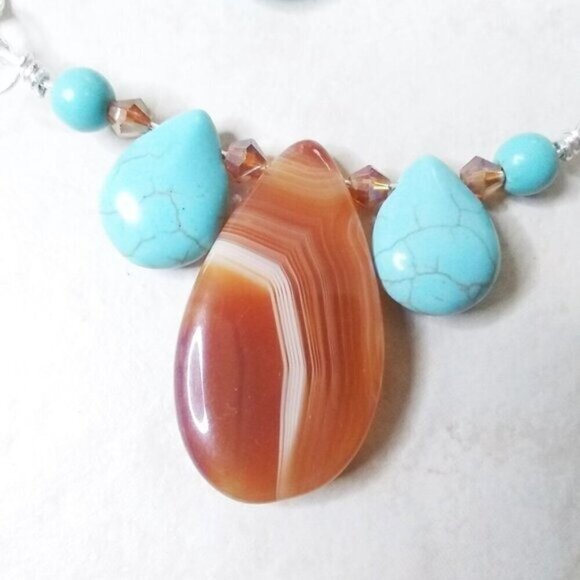 JEWELRY SET!!! Handmade Agate + Aqua Howlite! Necklace + Dangle Earrings Set! - Picture 12 of 16